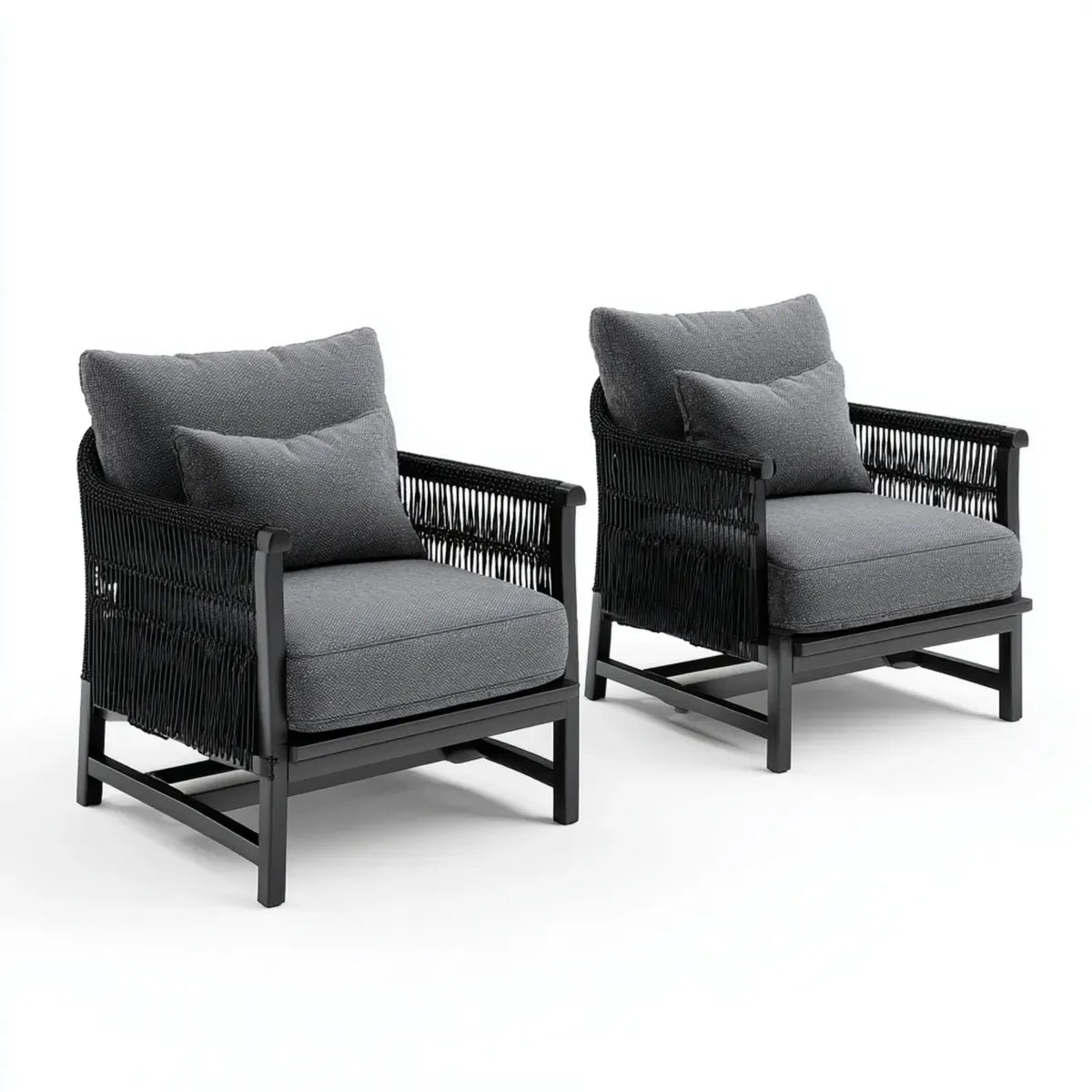 2er Set Loungesessel Dunkelgrau Schwarz mit Polyesterbezug PE-Seilgeflecht Stahlgestell 76 x 78 x 82 cm