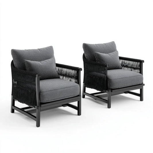 2er Set Loungesessel Dunkelgrau Schwarz mit Polyesterbezug PE-Seilgeflecht Stahlgestell 76 x 78 x 82 cm