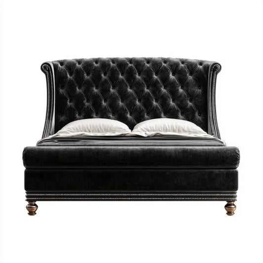 Polsterbett Doppelbett Schwarz 180 x 200 cm Samtstoff mit Chesterfield-Kopfteil