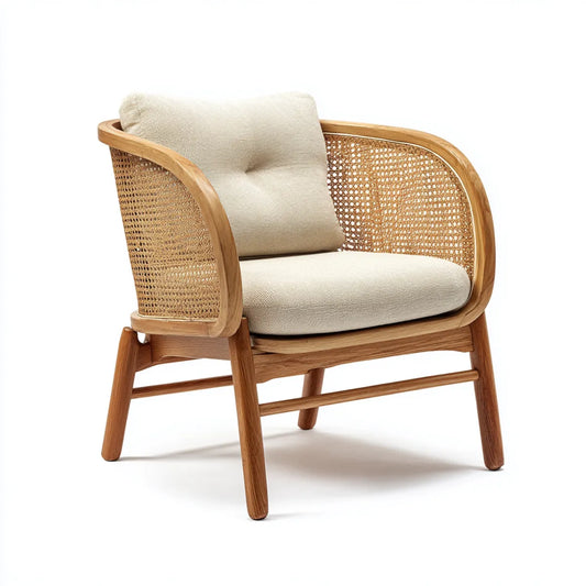 Wohnzimmersessel Natur 72 x 75 x 80 cm aus massivem Akazienholz mit Rattan und Polyesterbezug oval