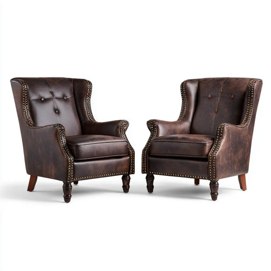 Ohrensessel 2er Set dunkelbraun 80 x 90 x 105 cm mit PU-Kunstleder und Massivholzbeinen